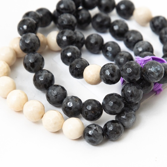 Set of 3 Labradorite beaded stretch bracelets black & cream by Ellei Madison L - Picture 7 of 14